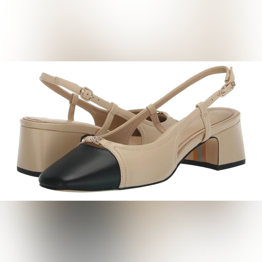 Sam Edelman Nude Tan Black Slingback Pumps Size 8.5/9 Square Toe Classic Heels